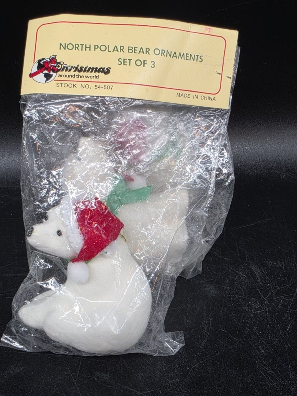 Vintage Flocked North Pole Polar Bears Christmas Tree Ornaments Set Of 3 SEE